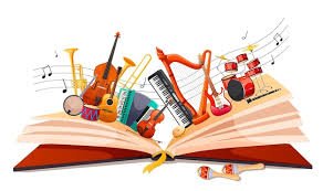 Magisches Geschichtenbuch mit musikalischem Märchen. Aufgeschlagenes Buch  mit verschiedenen klassischen Musikinstrumenten. Fantasy-Märchenbuch oder  Lehrbuch für Jazz-Orchester. Musikfest-Plakat oder Banner.  Vektorillustration | Premium Vektor
